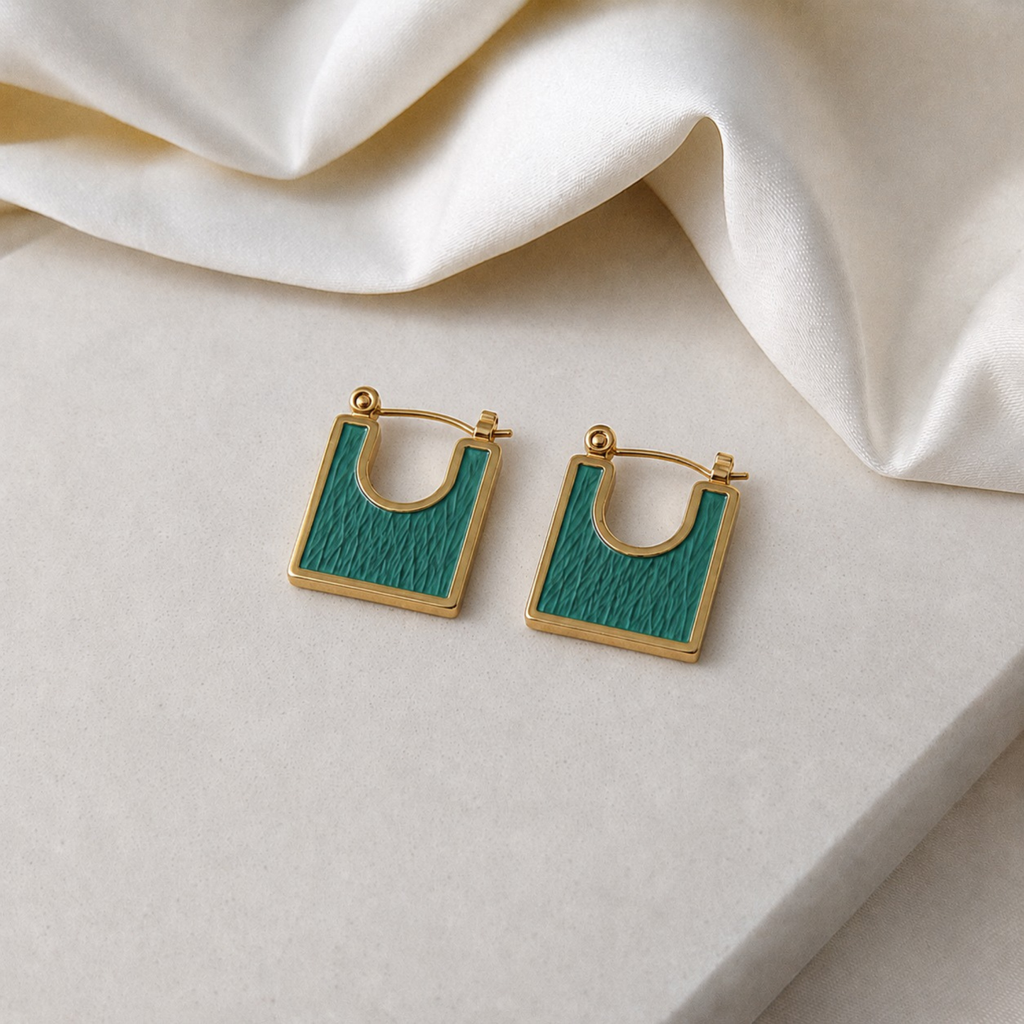 Teal Enamel Square Hoop Earrings, Anti-Tarnish, Gold-Toned, Statement, Vintage