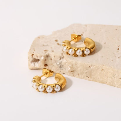 Golden Beaded Pearl Hoops