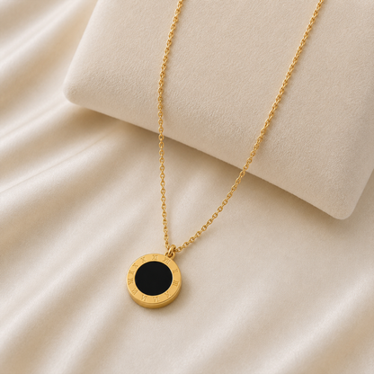 Noir Medallion Black Gold Pendant Necklace, Anti-Tarnish, Minimalist, Statement