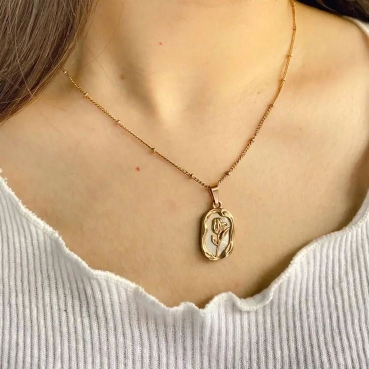 Pearl Enamel Rose Pendant Necklace
