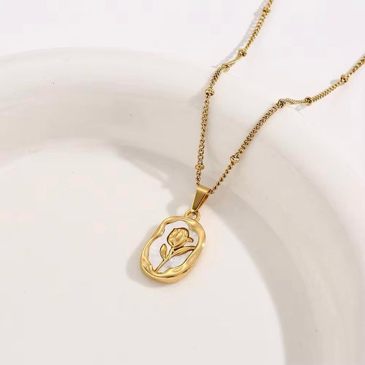 Pearl Enamel Rose Pendant Necklace