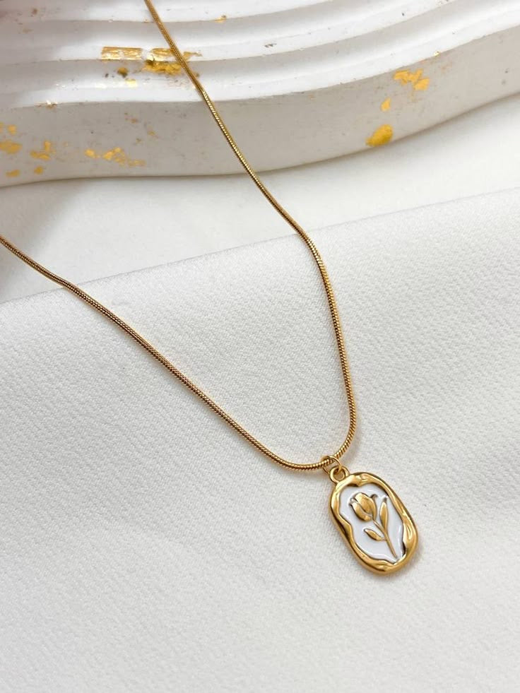 Pearl Enamel Rose Pendant Necklace