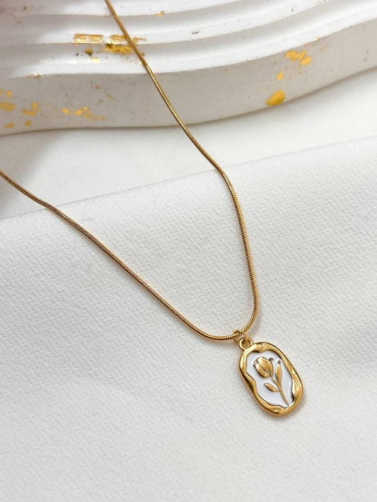 Pearl Enamel Rose Pendant Necklace