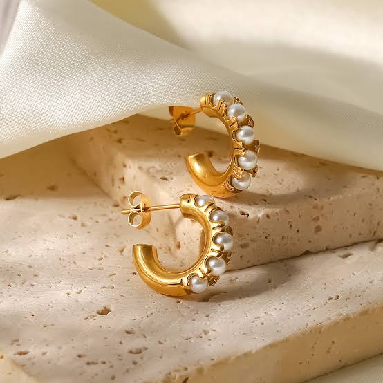 Golden Beaded Pearl Hoops
